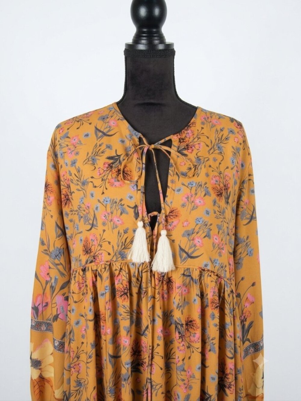 R.Vivimos Mustard Yellow Boho Floral Tassel Maxi Dress Peasant 2XL 70s Vibe NWT - Picture 6 of 13